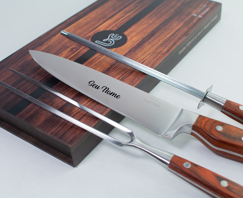 Kit Churrasco 3 Peças MOR Personalizado - Faca, Garfo e Chaira em Aço Inox